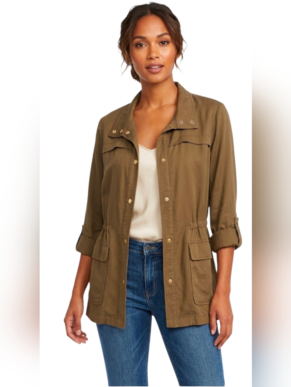 Women Olive Green Utility Field Jacket Drawstring Waist Roll Tab Sleeve